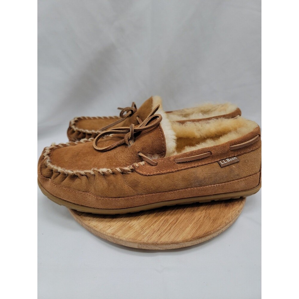 LL Bean Wicked Good Moccasins Slipper Womens 10M Brown Suede Leather & Shearling